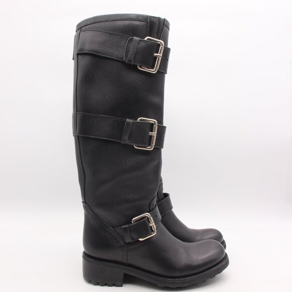Free Lance Women's Size 35.5 Black Leather Buckle Biker Knee High Boots - Picture 1 of 9